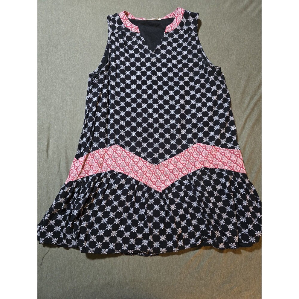 Entro Boho Mini Dress Large Black White and Red Coastal Cabincore Peasant Casual